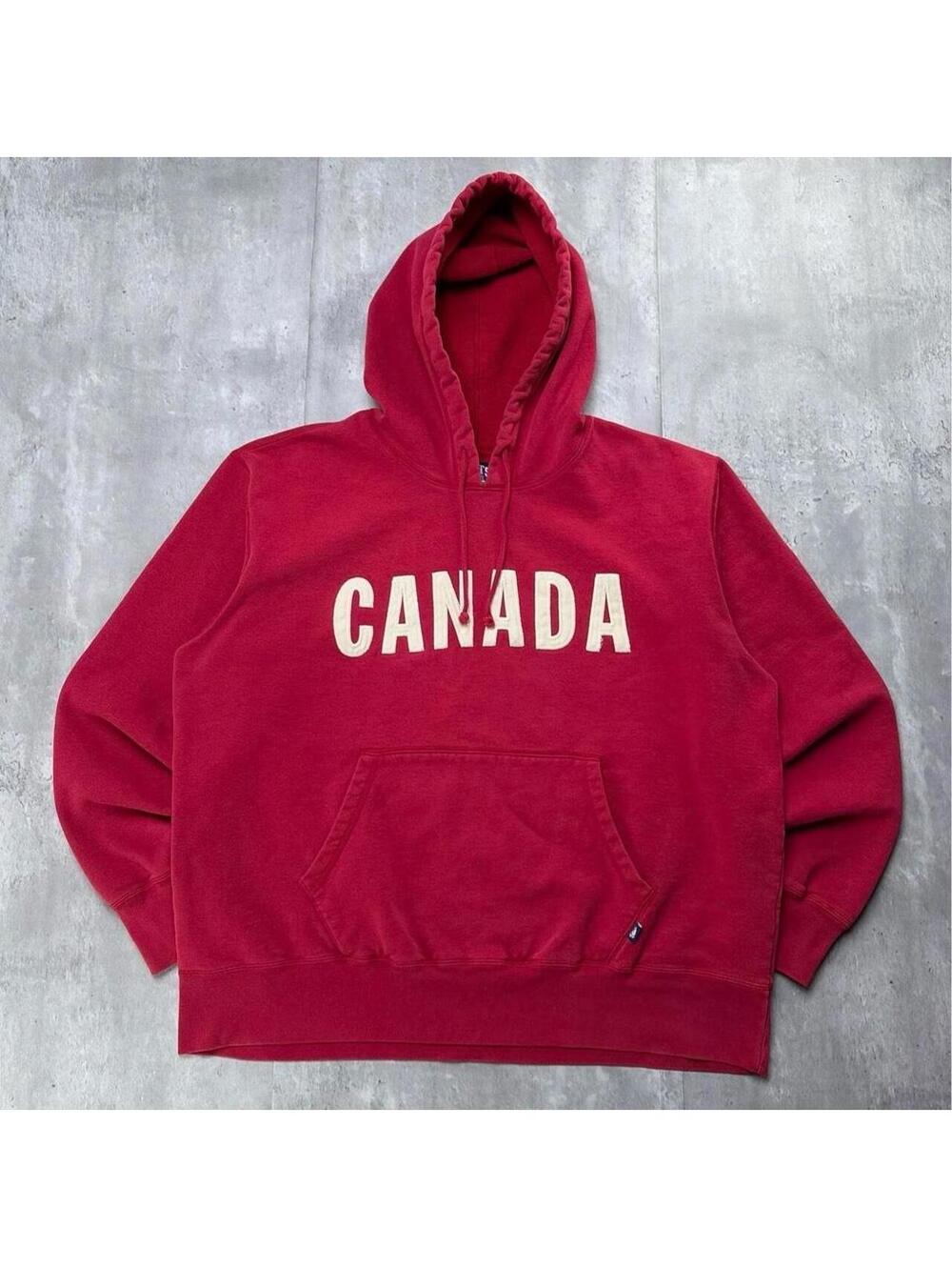 Y2K Red Roots Canada Spellout Grunge Skater Boxy Hoodie